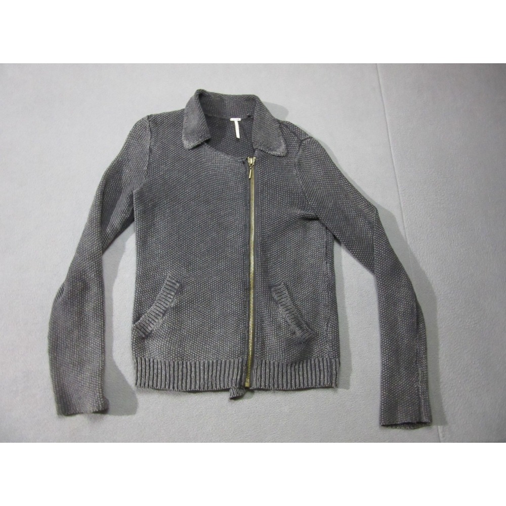 Free People Jacket Womens Small Charcoal Gray Textured Knit Asymmetrical Zipper